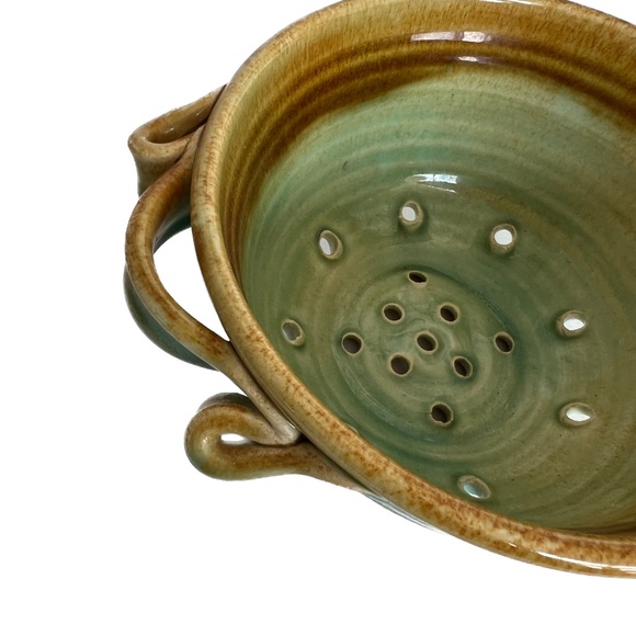 Studio Art Pottery Colander Strainer Fruit Bowl Pottery Green Brown Hand Made - Picture 5 of 7